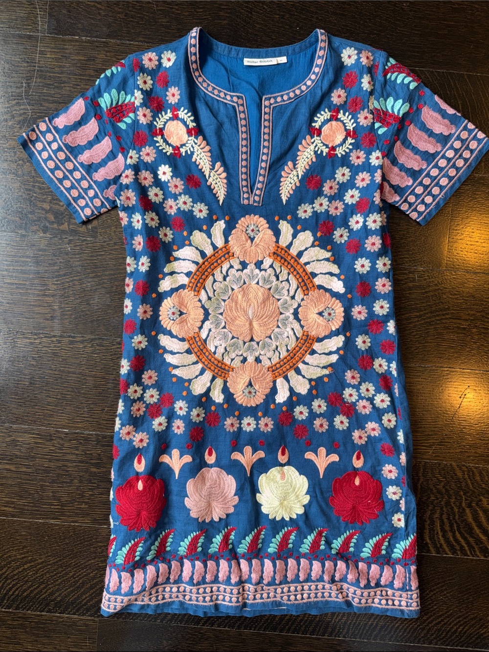 Roller Rabbit blue embroidered top with peach and red accents